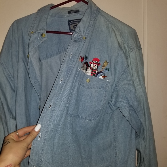 Snowman embroidered Jean shirt - Picture 1 of 4